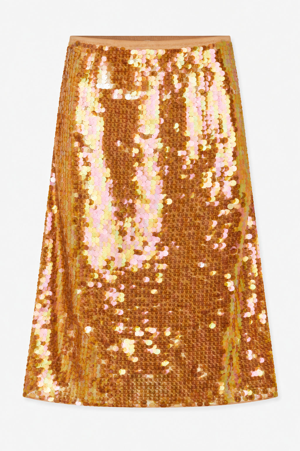 Front view of a midi skirt covered in shimmering copper, gold, pink and pale yellow sequins.