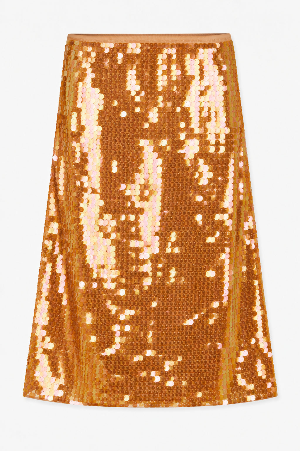 Front view of a copper-orange A-line skirt covered in reflective sequins with pale pink and gold accents.