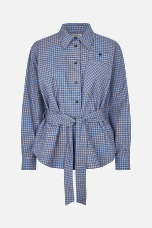 Front view of a blue plaid long-sleeved button-up shirt with a chest pocket and a matching tie belt.