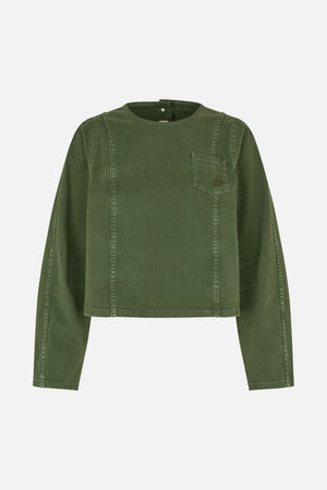 Front view of an olive green long-sleeved top with a round neckline, stitched panel seams, and a small chest pocket.