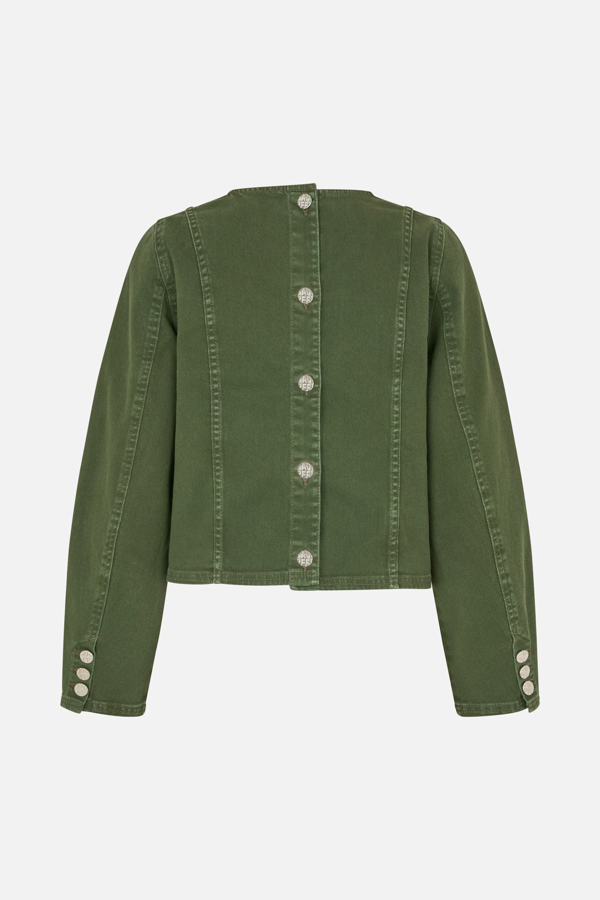 Olive green long-sleeved jacket with a stand collar, vertical panel seams, silver buttons and buttoned cuffs, shown from the front