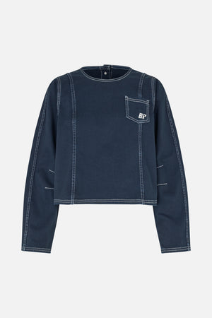 Front view of a dark navy long-sleeved top with white contrast stitching, panel seams and a chest pocket with a BP mark.