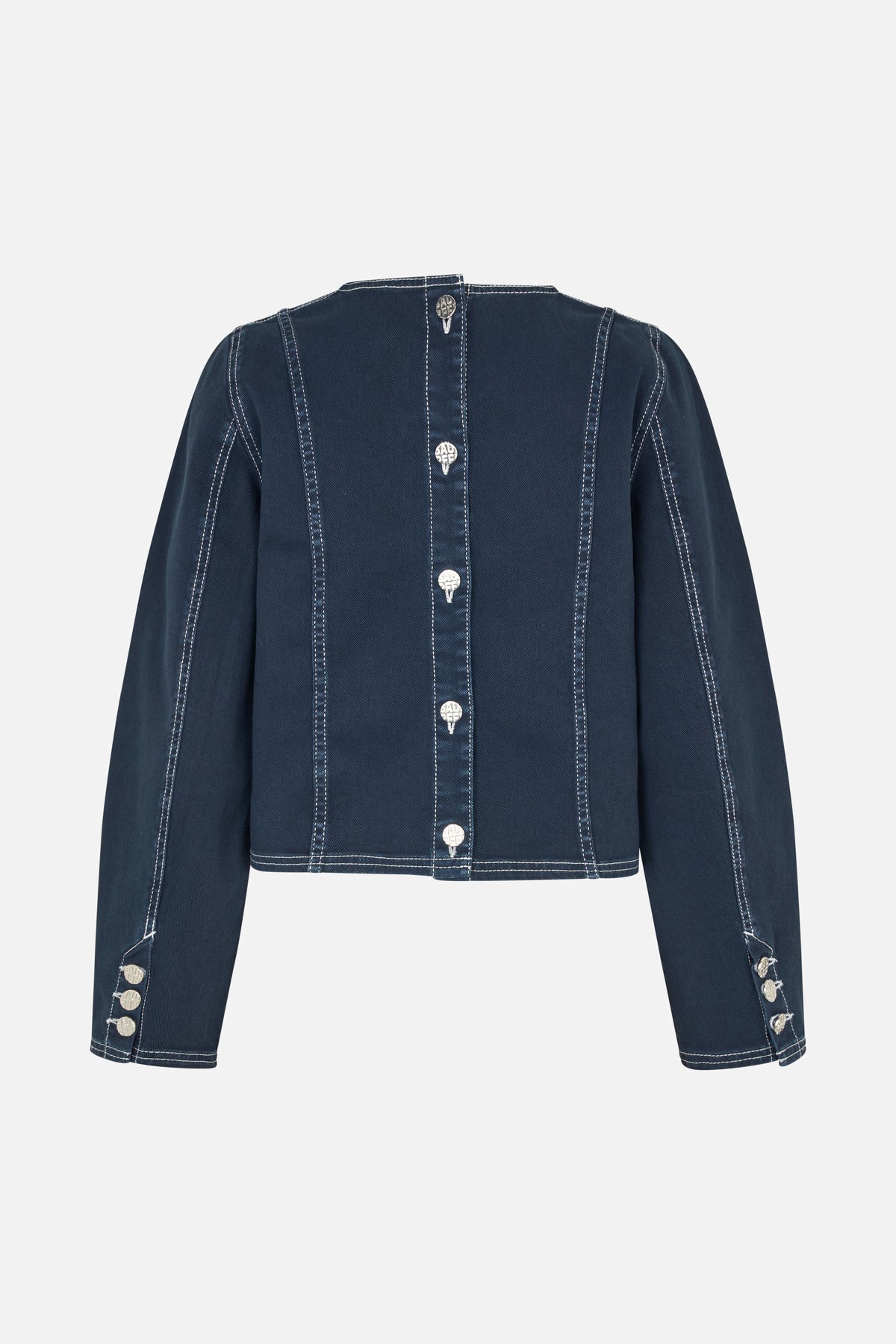 Front view of a dark indigo denim jacket with white contrast stitching, a button front and silver-tone buttons at the cuffs.