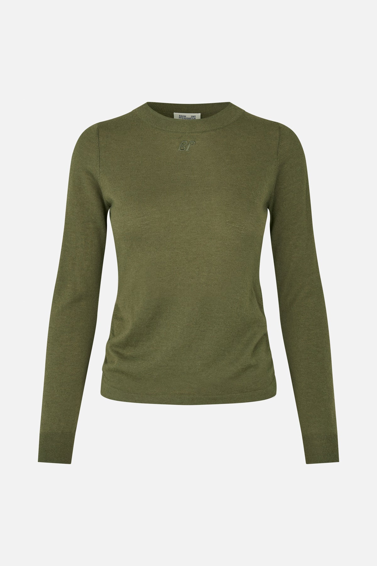 Front view of an olive green long-sleeve knit top with a crew neck and small tonal BP chest embroidery.