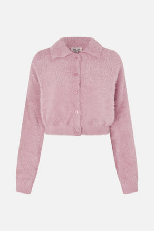 Front view of a cropped, fluffy light pink cardigan with a rounded collar, long sleeves and matching buttons.
