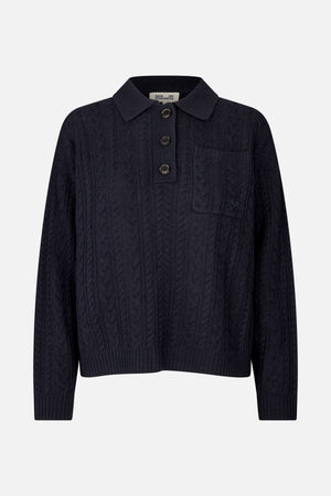 Front view of a dark navy cable-knit sweater with a polo collar, three-button placket, chest pocket, and ribbed cuffs and hem.