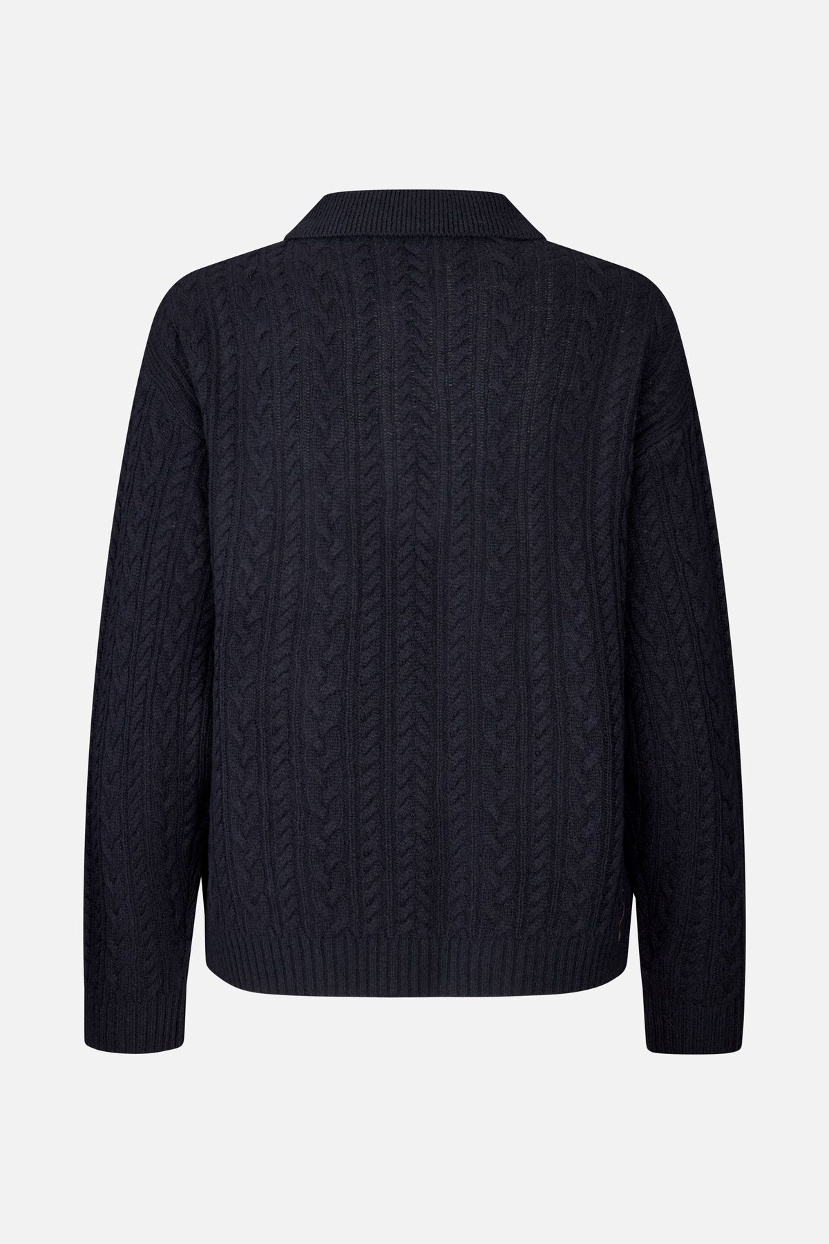 Back view of a dark navy cable-knit sweater with a ribbed collar, long sleeves, and ribbed cuffs and hem.