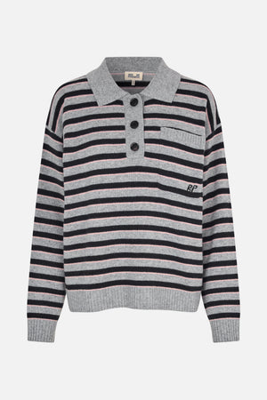 Front view of a grey knit polo sweater with black and pale pink horizontal stripes, a three-button placket, collar and chest pocket.