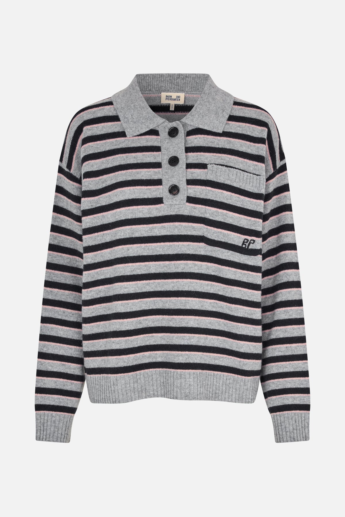 Front view of a grey knit polo sweater with black and pale pink horizontal stripes, a three-button placket, collar and chest pocket.