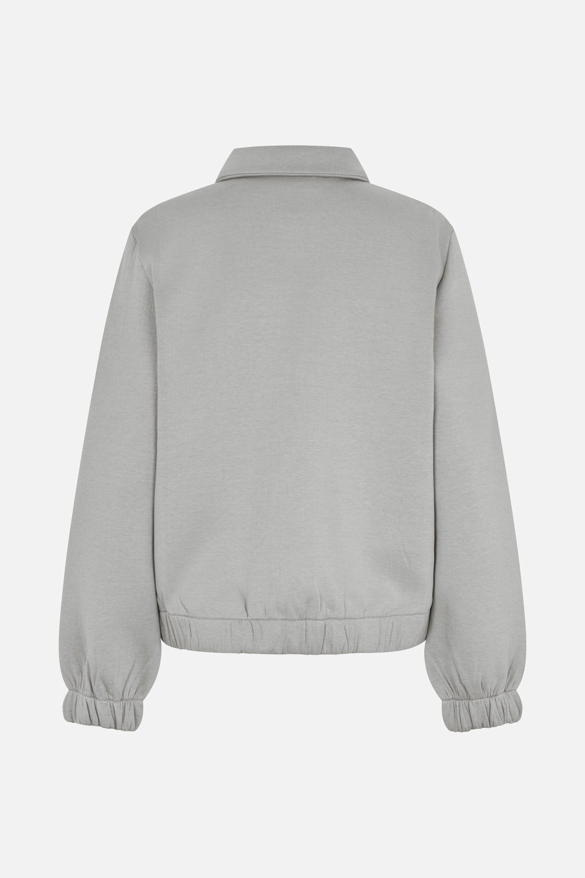 Back view of a light grey long-sleeved jacket with a short collar and gathered elastic cuffs and hem.
