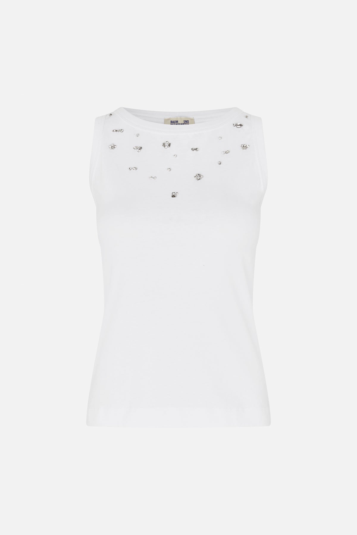 Front view of a white sleeveless top with a high rounded neckline and scattered silver-tone embellishments.