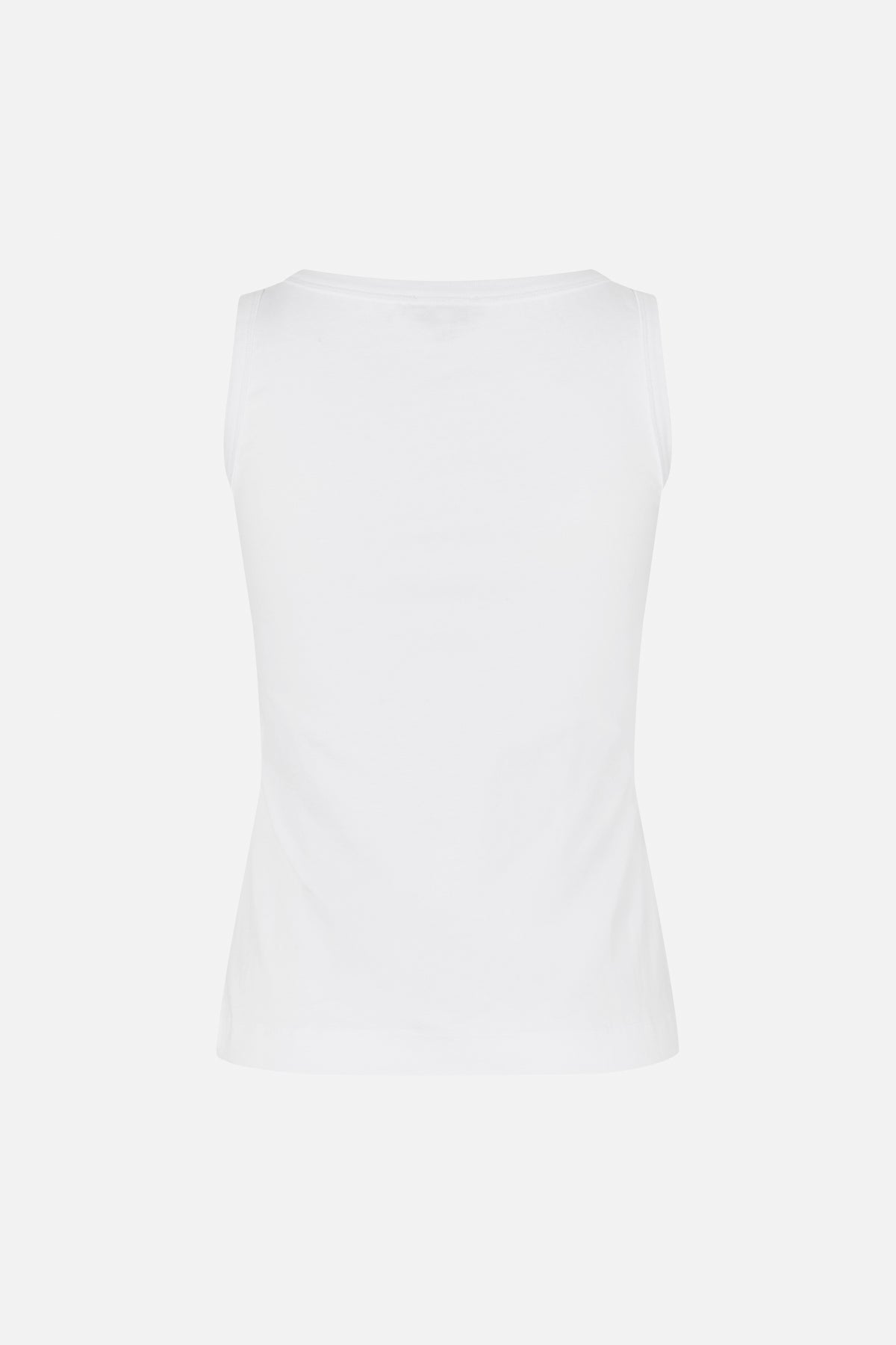 Plain white sleeveless tank top with a rounded neckline, shown straight on.