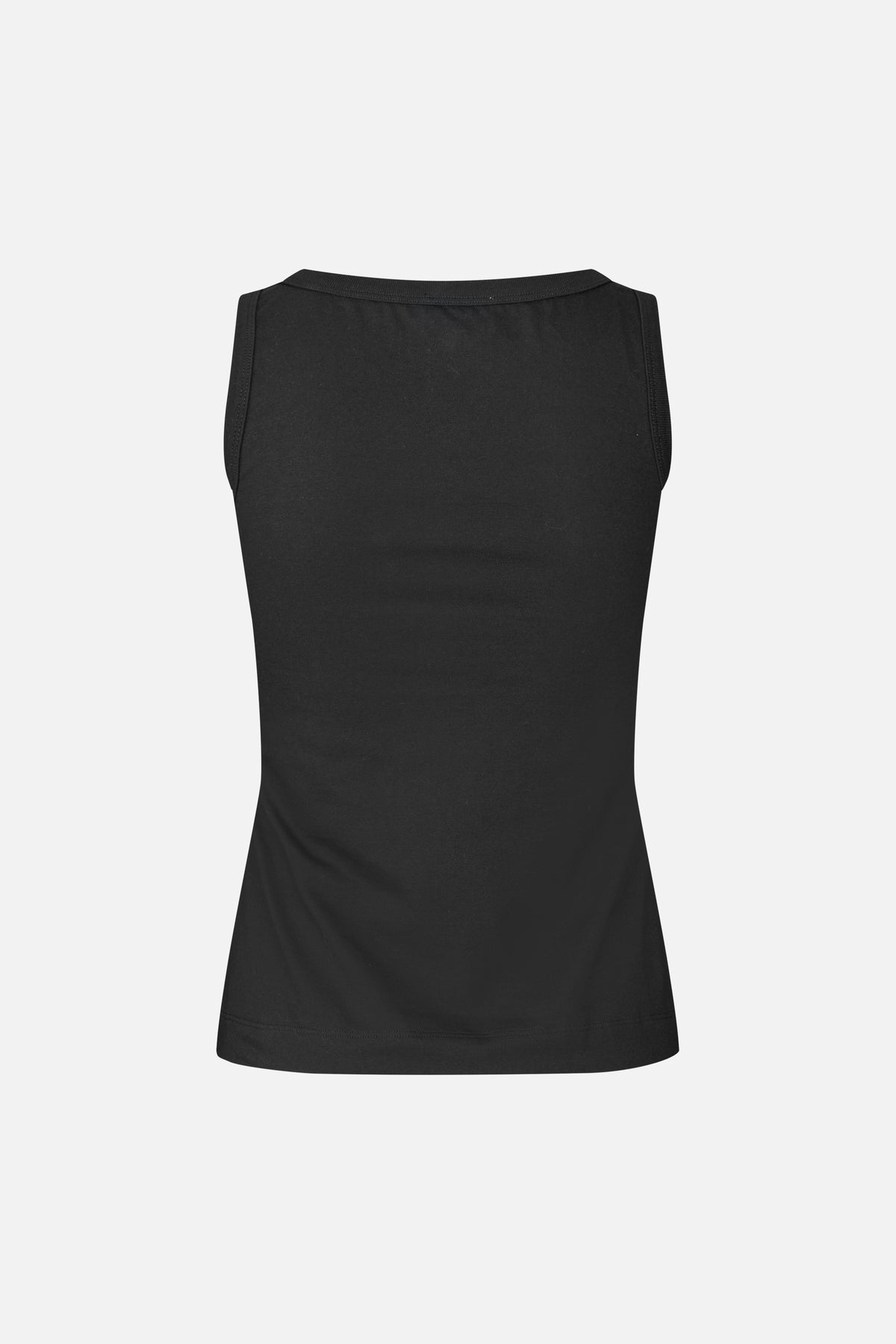 Achteraanzicht van een effen zwarte mouwloze top met ronde hals en aangesloten taille