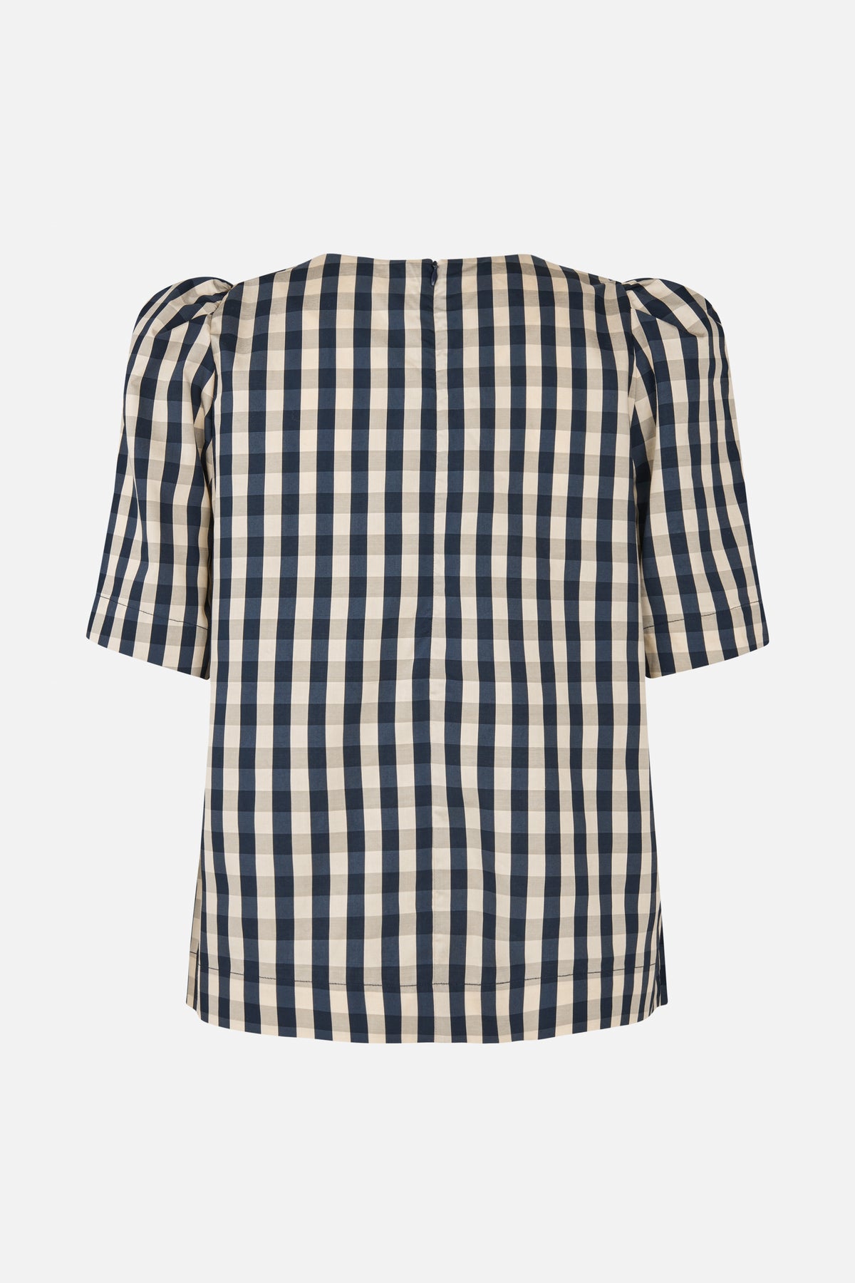 Rückansicht eines karierten Tops in marineblau und creme mit Puffärmeln und Reißverschluss in der Rückenmitte.