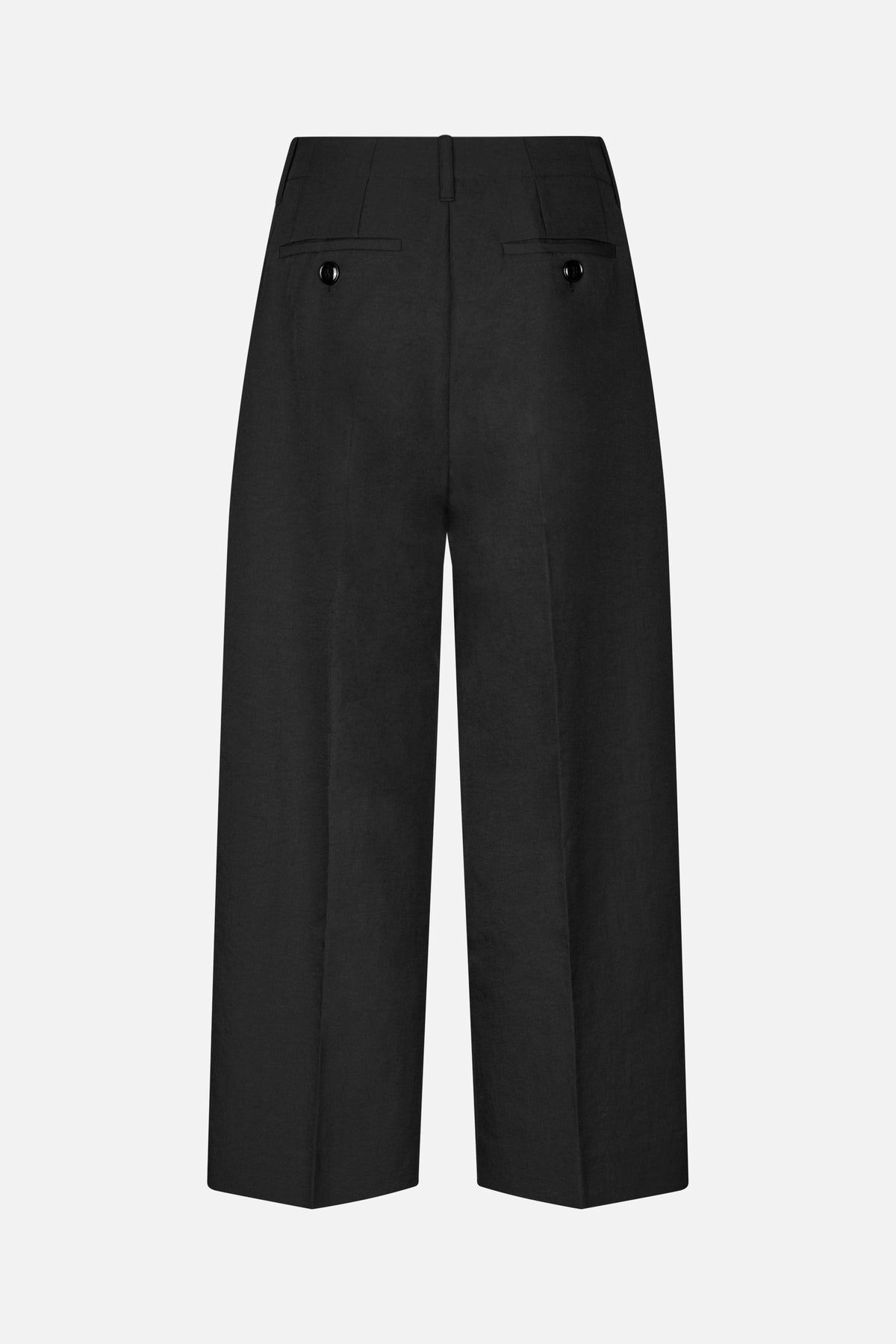 Back view of black wide-leg trousers with centre seam, belt loop and two buttoned welt pockets.