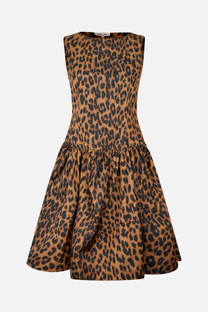 Front view of a sleeveless brown dress with a black animal-print pattern, fitted waist, and gathered full skirt.