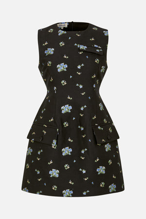 Front view of a sleeveless black dress with a fitted waist, blue and green floral print, and flap pockets at the hips.
