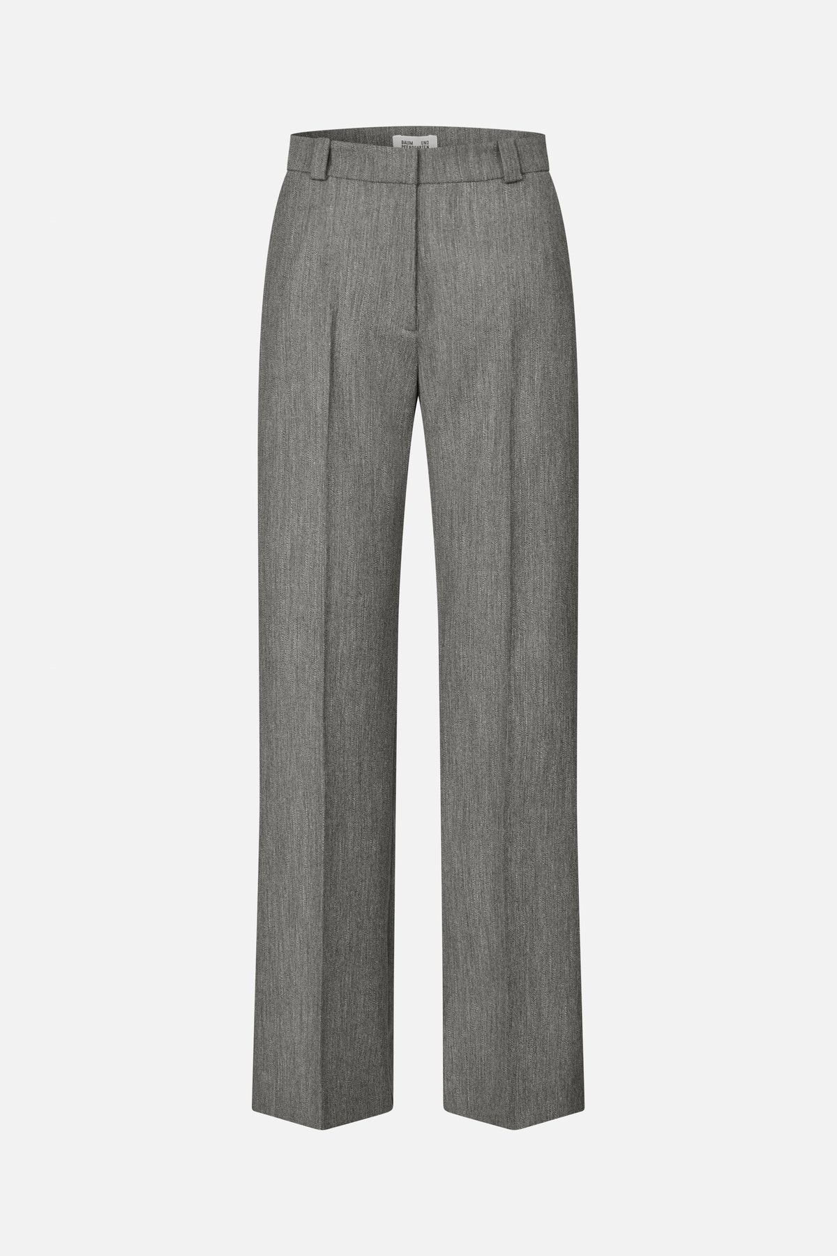 Vorderansicht einer gerade geschnittenen Hose aus grauem Strukturstoff mit flachem Bund, Gürtelschlaufen und Bügelfalten.