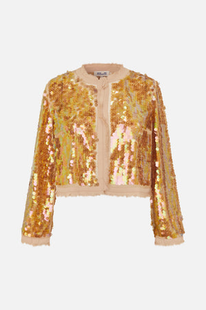 Front view of a peach cropped jacket covered in iridescent gold, pink and yellow sequins, with a round neckline and frayed trim.
