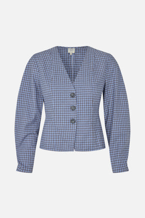 Vorderansicht eines taillierten, langärmeligen, blau karierten Blazers mit Kerbenrevers und dunklen Knöpfen.