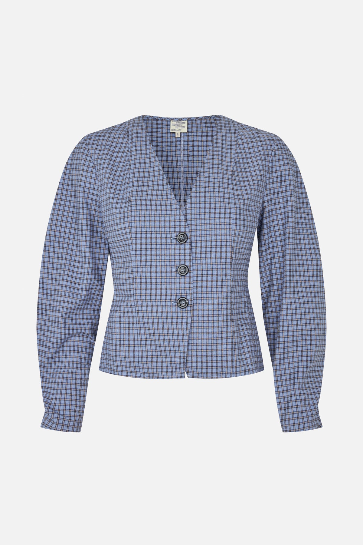 Front view of a fitted, long-sleeved blue plaid blazer with a notched lapel and dark buttons.