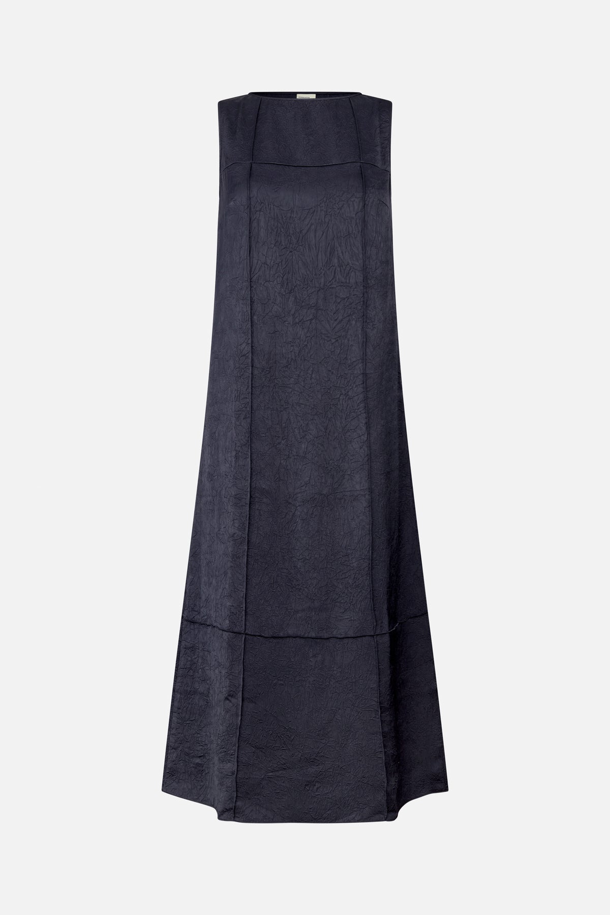 Front view of a dark navy sleeveless dress with a round neckline, crinkled texture and broad panel seams.