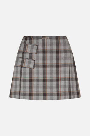 Front view of a grey plaid mini skirt with thin rust-orange lines and two overlapping flap details at the left side.