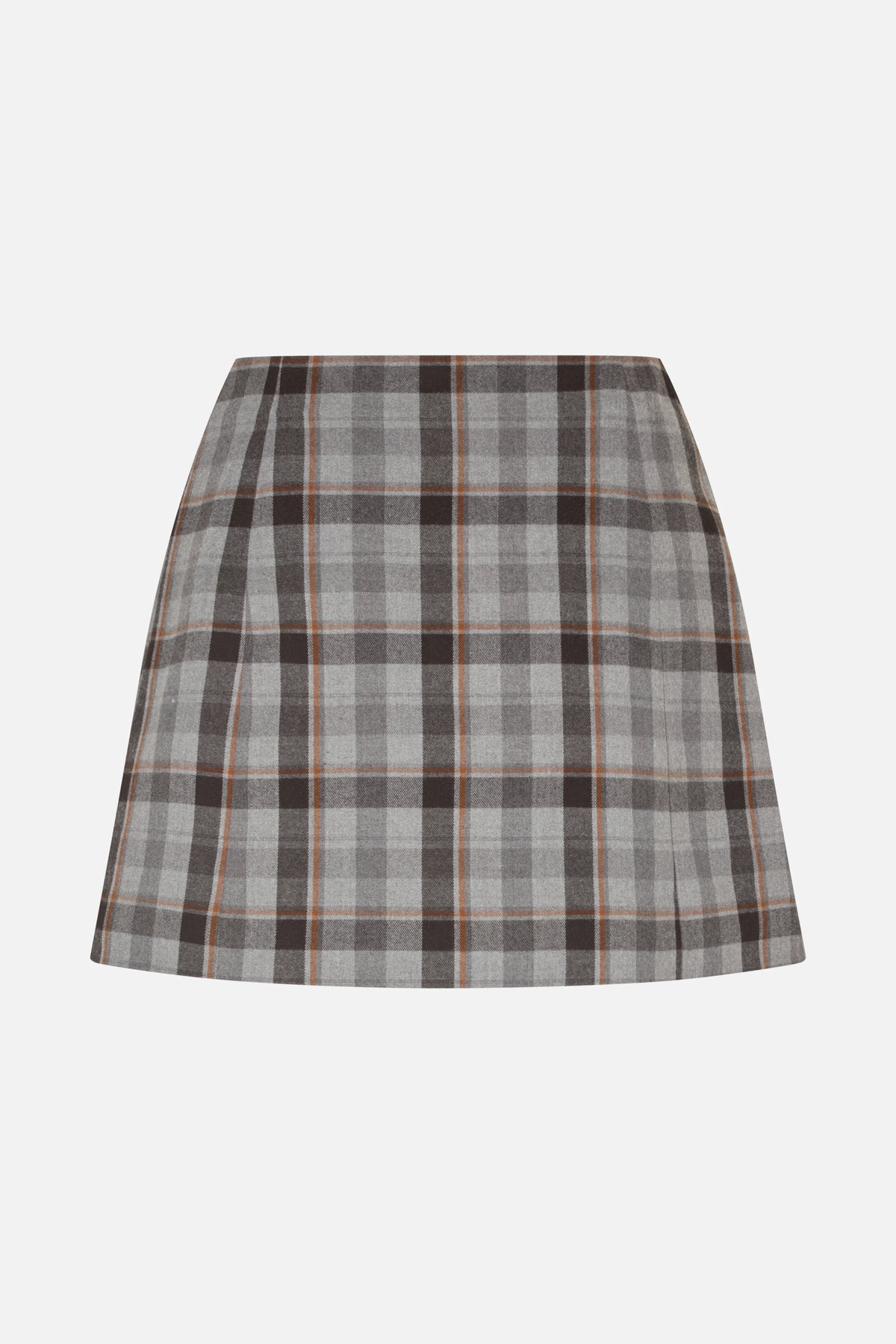A-line skirt with a grey, charcoal and rust-orange plaid pattern, shown from the front.