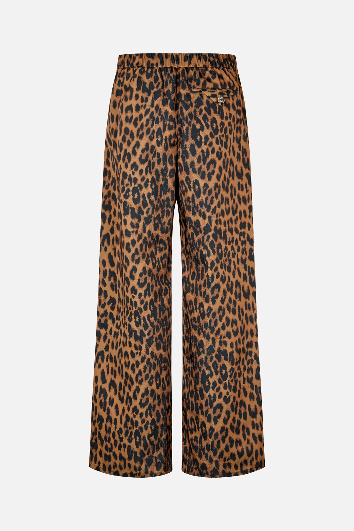 Vorderansicht einer weit geschnittenen Hose mit elastischem Bund und braun-schwarzem Animal-Print