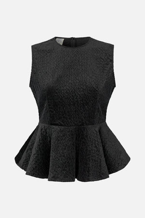 Black sleeveless peplum top with a round neckline, vertical ribbed texture and back zipper, shown from the back.