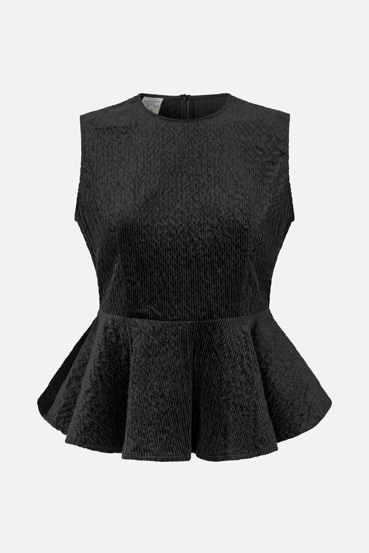 Black sleeveless peplum top with a round neckline, vertical ribbed texture and back zipper, shown from the back.
