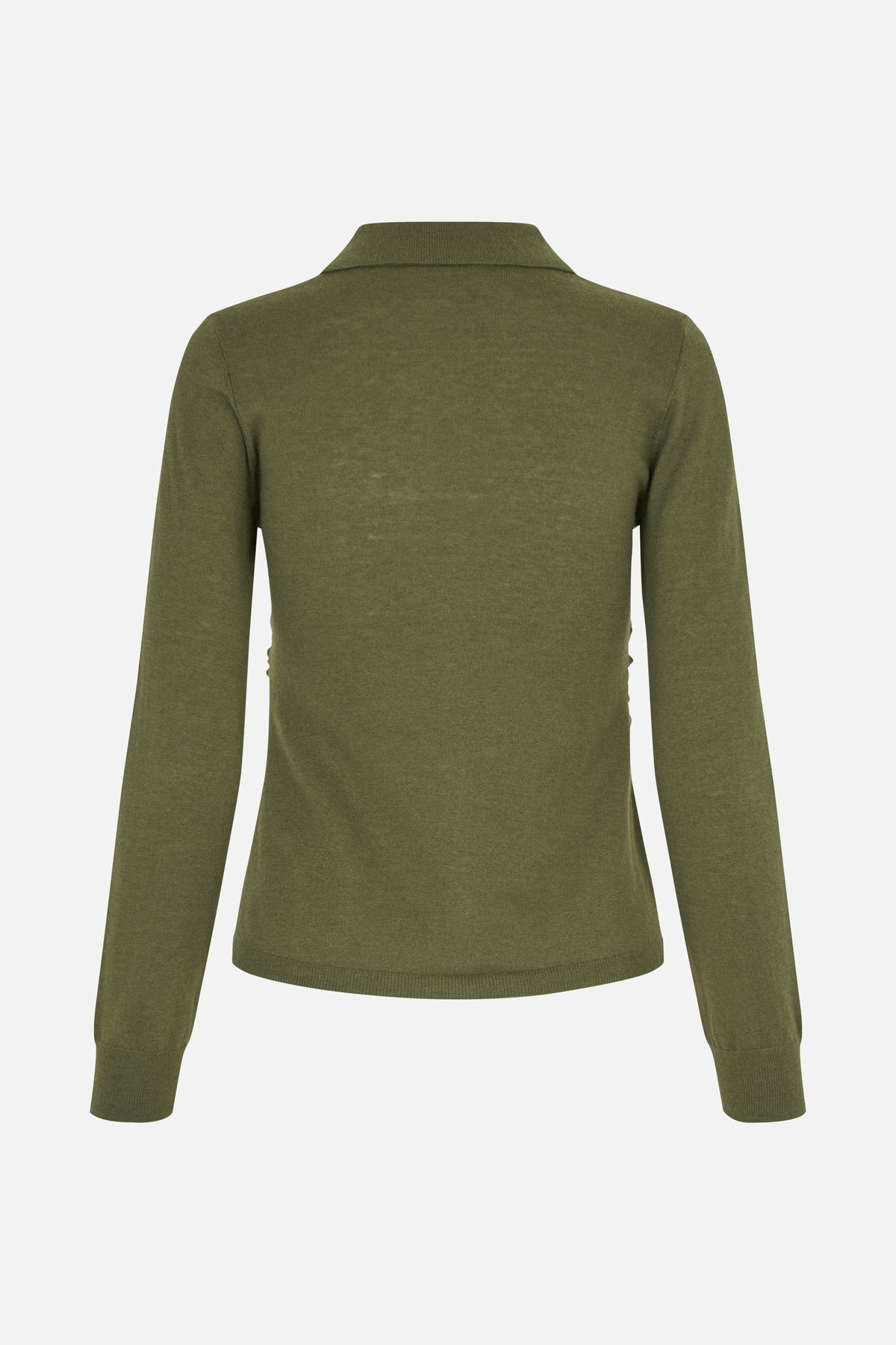 Back view of an olive-green long-sleeve knit top with a folded collar and ribbed cuffs and hem