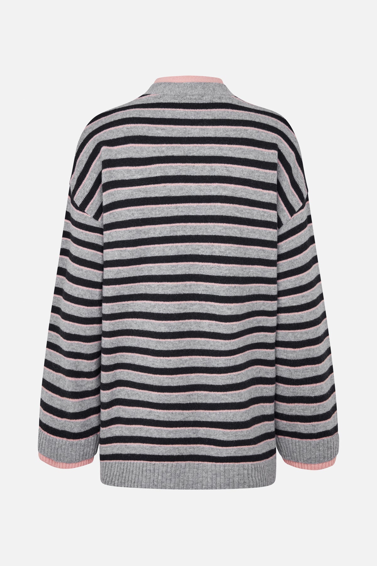 Back view of a grey knit sweater with black and pink horizontal stripes, a high neckline, long sleeves and ribbed cuffs and hem.