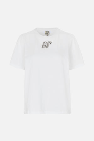 White short-sleeved crew-neck T-shirt with a sparkling crystal-style “BP” embellishment on the chest, shown from the front.