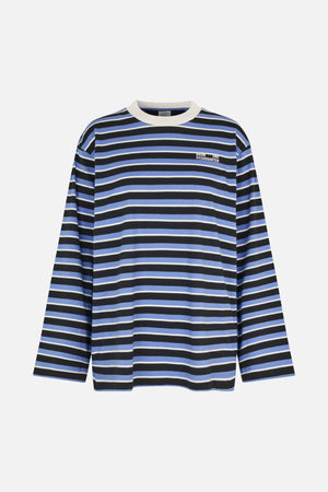 Front view of a long-sleeved crew-neck T-shirt with blue, black and white horizontal stripes and a small chest logo.