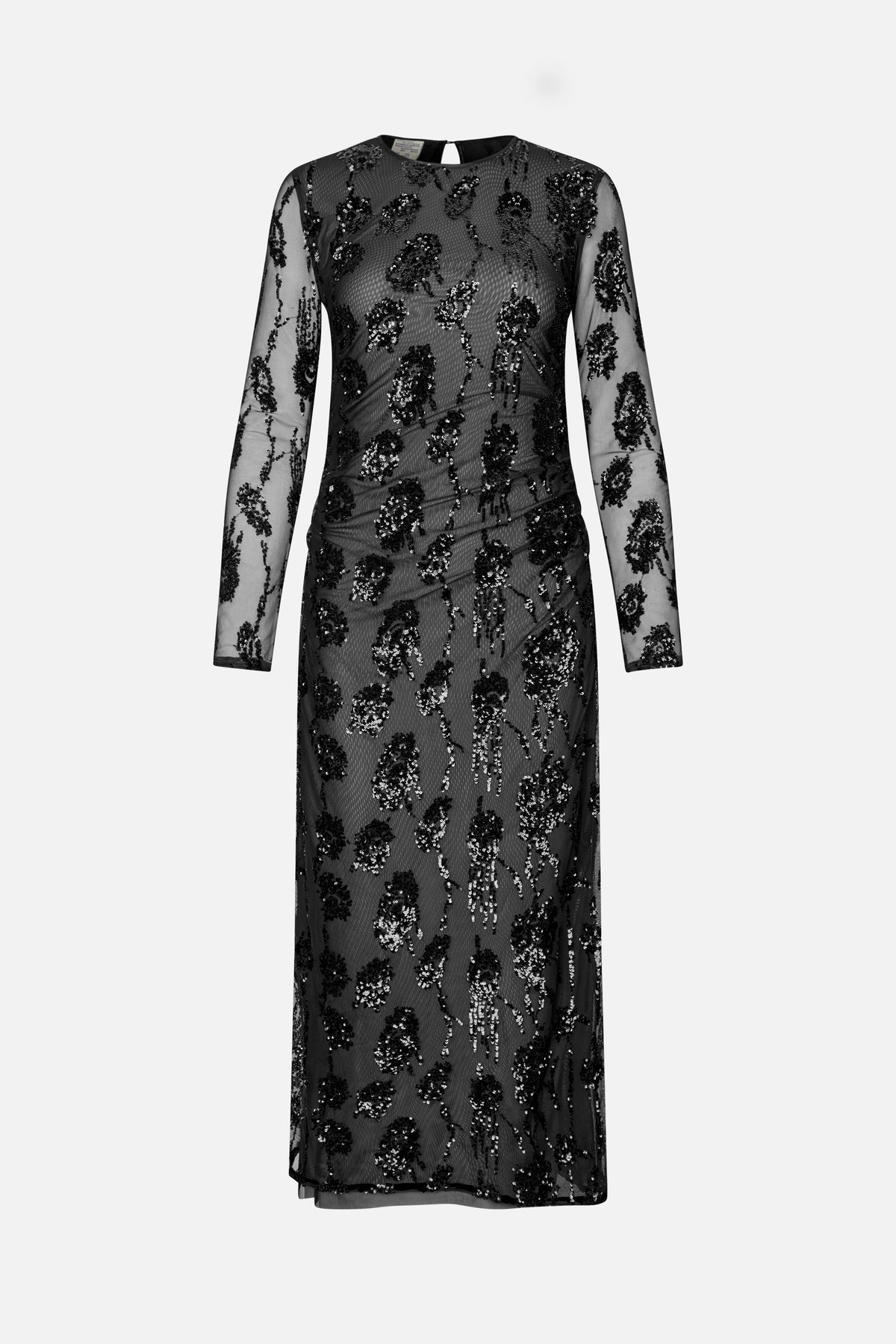 Front view of a long-sleeved black sheer mesh dress with a round neckline and all-over floral sequin embellishment.