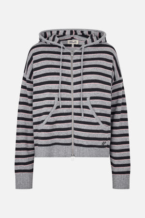 Front view of a grey knit hooded zip-up cardigan with black and pale pink horizontal stripes, drawstrings and ribbed cuffs and hem.