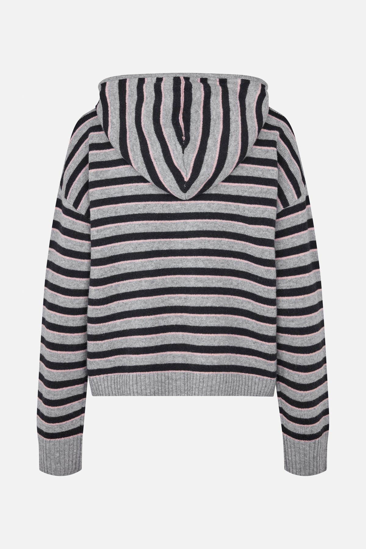 Back view of a grey knitted hoodie with black and pale pink stripes, ribbed cuffs and hem.