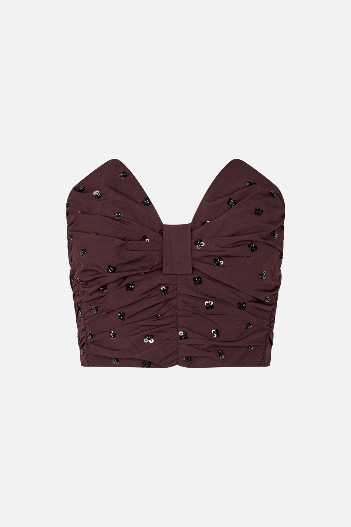 Front view of a deep burgundy strapless top with gathered folds and scattered black and silver sequins.