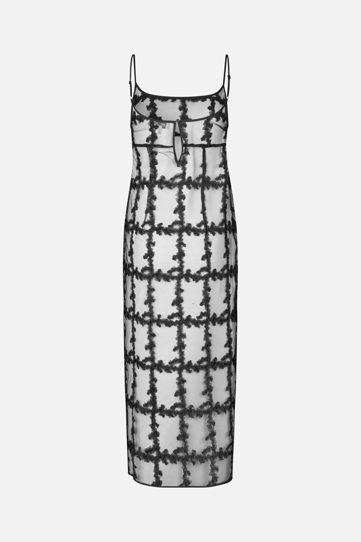 Front view of a sheer black slip dress with thin adjustable straps and a textured floral grid pattern.