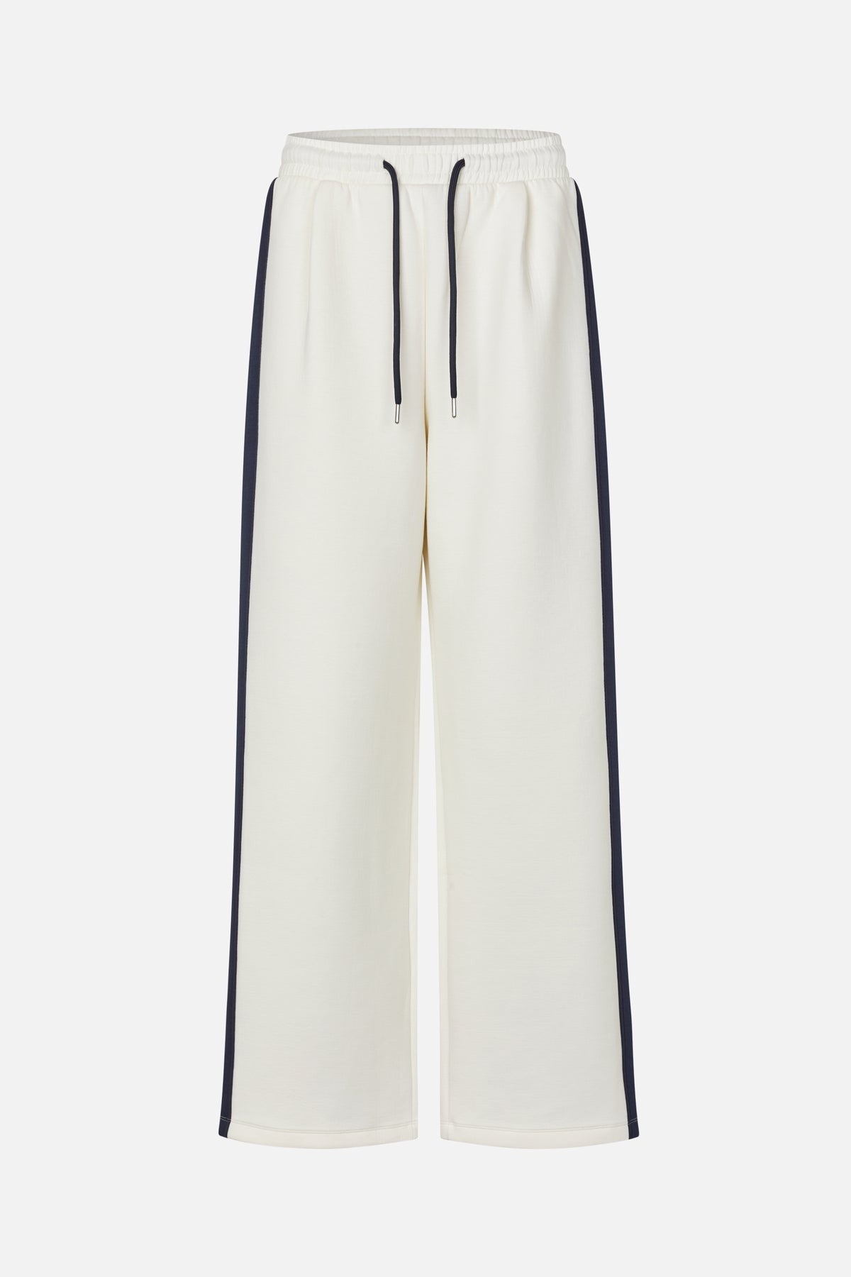 Pantalon à jambes larges ivoire, vue de face, taille élastiquée à cordon et bandes latérales bleu marine foncé.