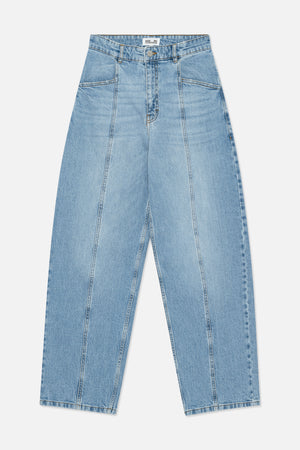Front view of light-wash blue wide-leg jeans with a button fly, belt loops, front pockets and prominent panel seams