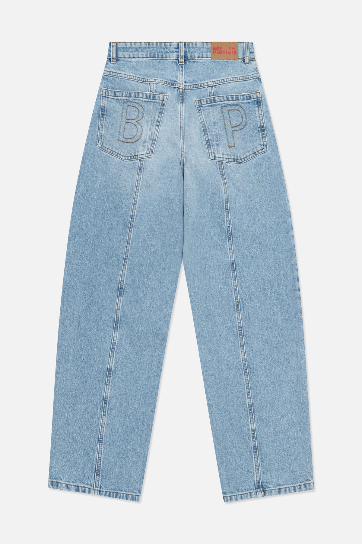 Back view of light-wash wide-leg jeans with outlined letter stitching on the rear pockets and a tan waistband patch.