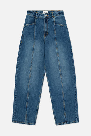 Front view of blue denim jeans with straight wide legs, curved front pockets and contrast stitching.