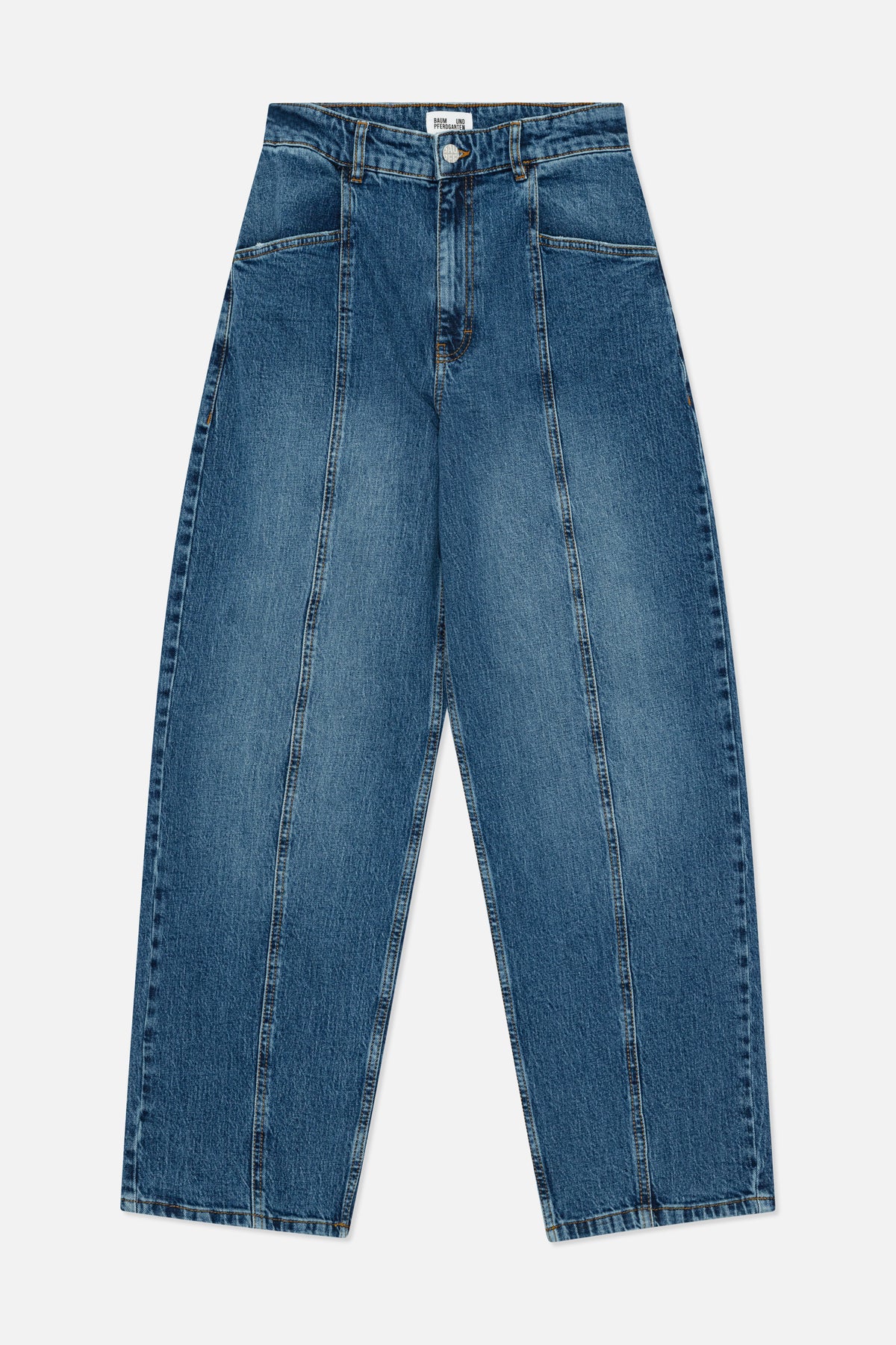 Front view of blue denim jeans with straight wide legs, curved front pockets and contrast stitching.