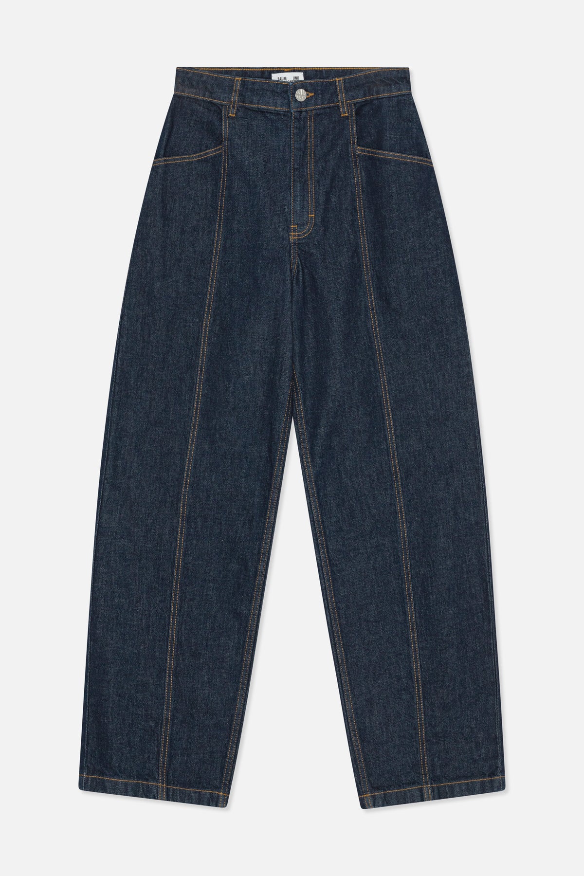 Front view of dark indigo wide-leg jeans with contrast tan stitching, a button closure and curved front pockets.