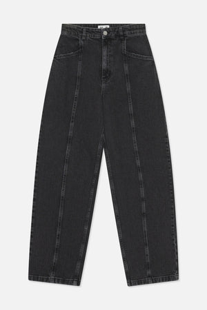 Front view of charcoal-black wide-leg jeans with contrast seams, belt loops, button closure and curved front pockets.