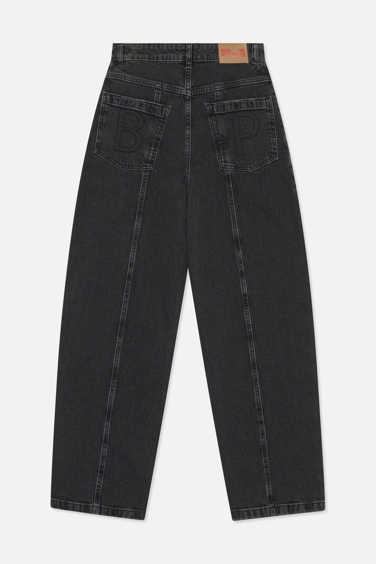 Back view of charcoal washed denim jeans with wide legs, two rear pockets featuring subtle B embroidery, and a tan waistband patch.