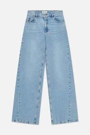Front view of light blue wash denim jeans with a button waist, five-pocket styling and wide straight legs.