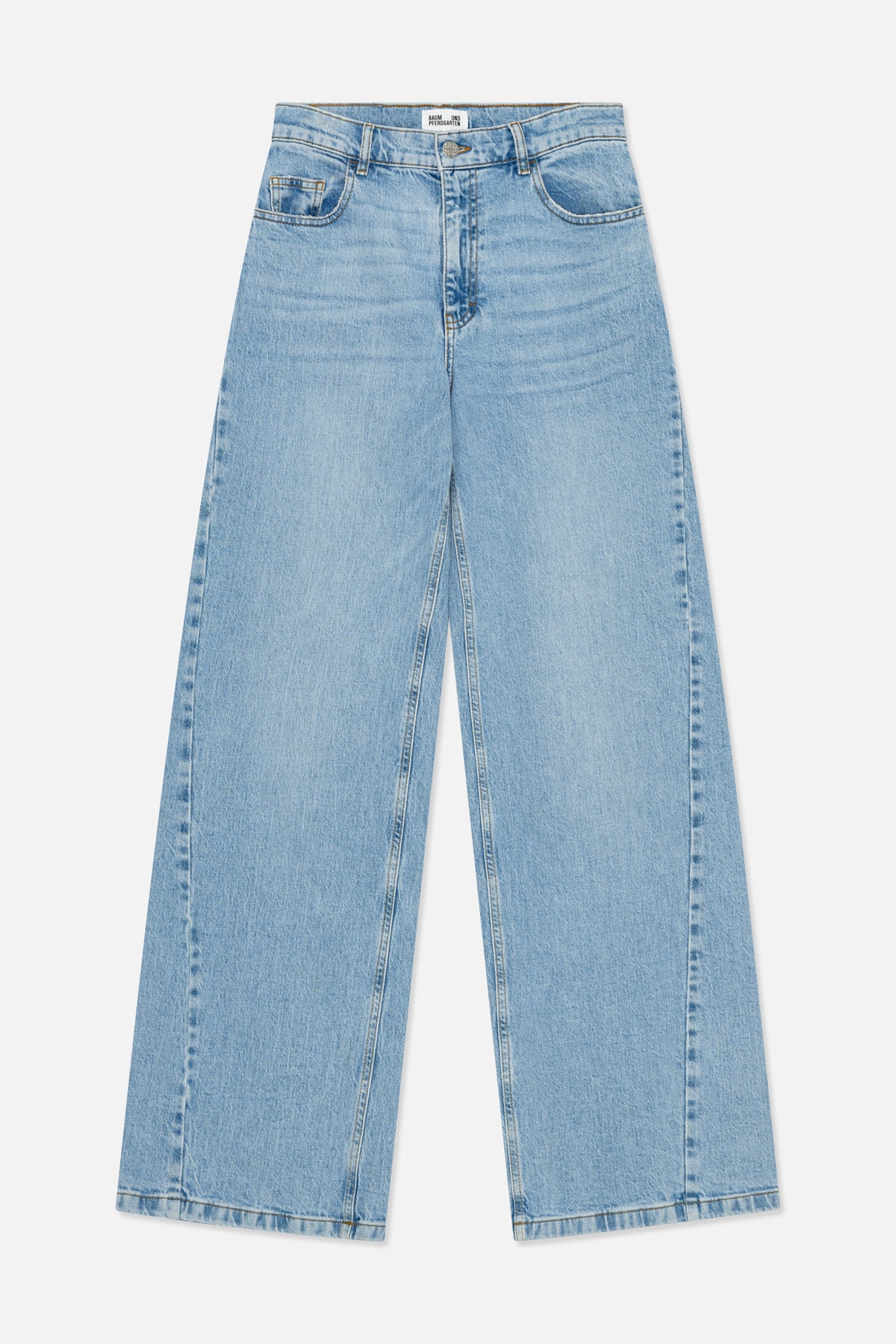 Front view of light blue wash denim jeans with a button waist, five-pocket styling and wide straight legs.